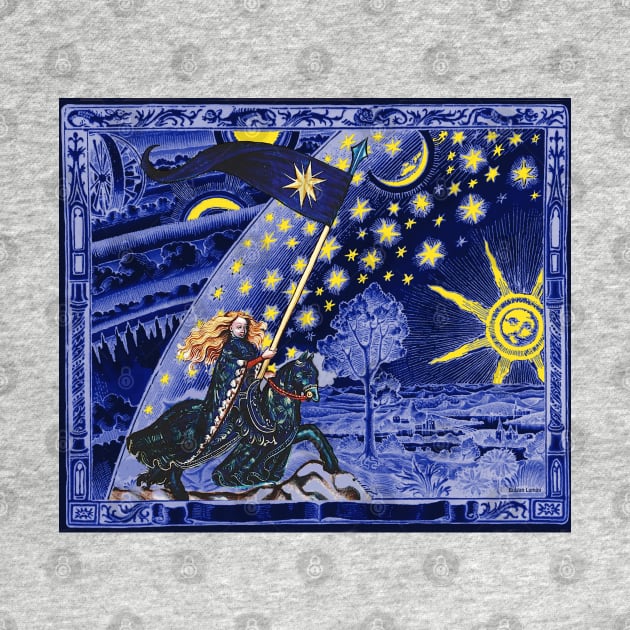 FEMALE KNIGHT OF STARS HORSEBACK IN NIGHT BLUE AND FLAMMARION Surreal Cosmic Sky, Sun And Moon by BulganLumini